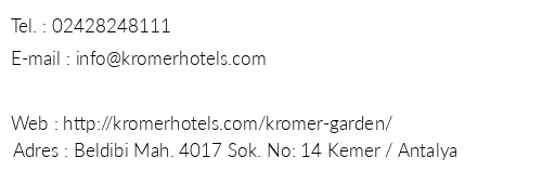 Kromer Garden Hotel telefon numaralar, faks, e-mail, posta adresi ve iletiim bilgileri